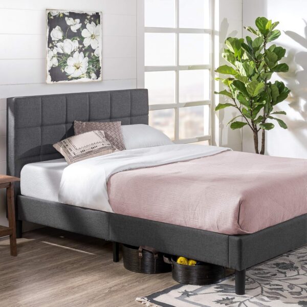 ZINUS Lottie Upholstered Platform Bed Frame, Mattress Foundation, Wood Slat Support, No Box Spring Needed, Easy Assembly, Grey, Queen
