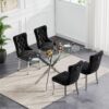 Modern 5 Piece Dining Table Set for 4, Silver Glass Table and Black Velvet Chairs