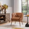 Yaheetech Modern Accent Chair, PU Leather Retro Armchair, Upholstered Barrel Chair with Metal Leg and Comfy Seat Cushion for Living Room Bedroom, Retro Brown