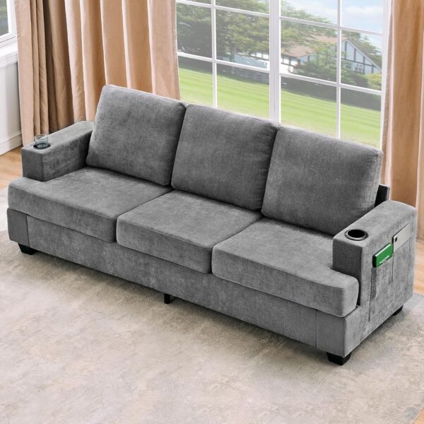 89-Inch Comfy Couches with Deep Seat, Modern 3-Seater Sofa with Cup Holders and Side Storage Pockets for Living Room Apartment Lounge, Grey