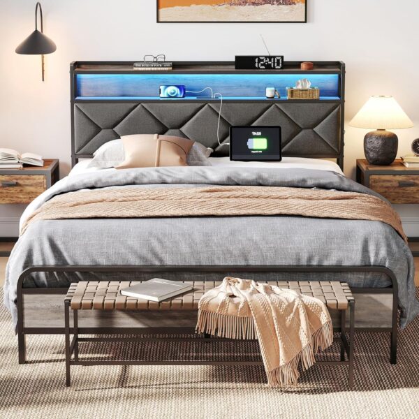 LINSY Queen Bed Frame with Storage Headboard, Upholstered Platform Frame with LED and Charging Station, Metal Queen Size Bed Frames, No Box Spring Needed, Easy Assembly, Rustic Grey