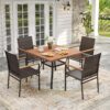 VICLLAX 5 Pieces Patio Dining Set, 4 Outdoor Wicker Dining Chairs and Square Plastic Table with Umbrella Hole for Backyard Lawn Deck, Brown Wicker and Walnut Tabletop