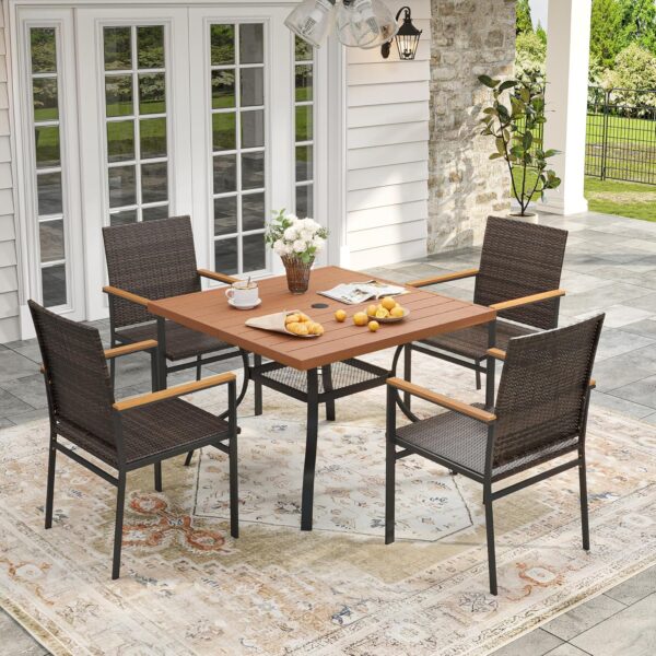 VICLLAX 5 Pieces Patio Dining Set, 4 Outdoor Wicker Dining Chairs and Square Plastic Table with Umbrella Hole for Backyard Lawn Deck, Brown Wicker and Walnut Tabletop