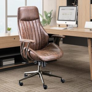 High Back Home Office Chair,Mid Century Modren Ergonomic Executive Chair,Lumbar Support Swivel Task Chair with Wheels,Computer Desk Chair Suede Fabric,350LBS (Dark Brown)