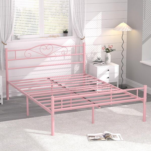 VECELO 14 Inch Queen Size Metal Platform Bed Frame with Headboard and Footboard, Heavy Duty Mattress Foundation with Steel Slats Support, No Box Spring Needed, Pink