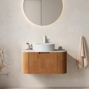 30 Inch Solid Wood Texture Floating Bathroom Vanity with Sink, Modern Wall-Mounted Striped Bathroom Storage Cabinet with White Ceramic Sink Combo, Natural Wood