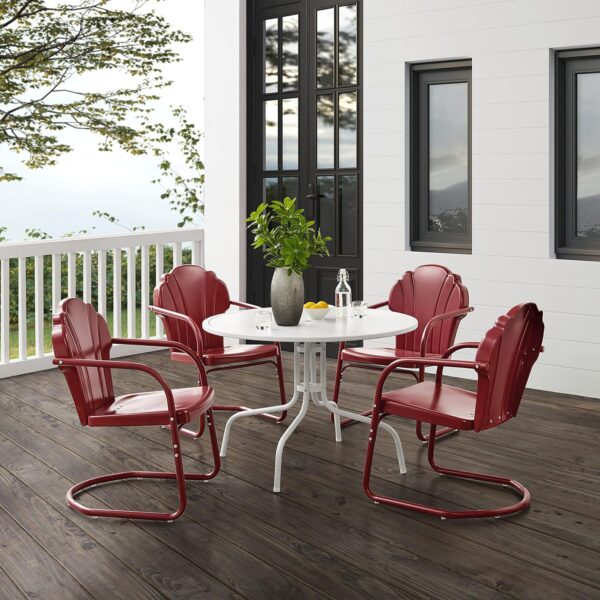 Crosley Furniture Tulip 5-Piece Outdoor Dining Set for 4, Retro Metal Round Patio Table and Chairs for Deck, Dark Red Satin
