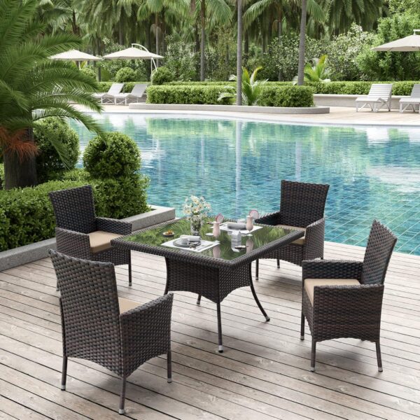 ALAULM 5 Piece Patio Dining Set All-Weather Wicker Outdoor Patio Furniture Set w/Tempered Glass Tabletop, Removable Cushions and Umbrella Hole for Patio, Backyard, Garden, Poolside（Brown）