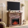 43" Electric Fireplace with Mantel, Electric Fireplace Heater, TV Stand w/Freestanding Electric Fireplaces, Stacked Stone Surround, Remote Control, Adjustable Flame Level for Living Room (Light Brown)