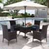Kurapika 5-Piece Patio Furniture Outdoor Dining Set, Wicker Rattan Patio Dining Table and Chairs Set, Square Tempered Glass Tabletop with 4 Chair Set and Umbrella Hole, for Patio, Backyard, Navy Blue
