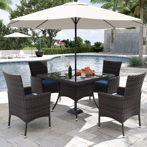 Kurapika 5-Piece Patio Furniture Outdoor Dining Set, Wicker Rattan Patio Dining Table and Chairs Set, Square Tempered Glass Tabletop with 4 Chair Set and Umbrella Hole, for Patio, Backyard, Navy Blue