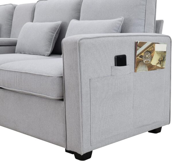 114.2" Upholstered Sofa with Storageable Coffee Table and 2 Cupholders, 2 USB Ports Wired or Wirelessly Charged, Modern Linen Fabric Couches for Living Room, Apartment (4-Seat)