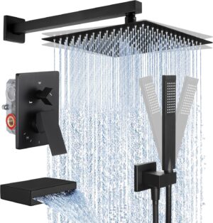 KES Black Shower Faucet Set Complete, 12 Inch Rainfall Shower Head with Handheld Spray, Waterfall Tub Spout Bathtub Faucet, Shower System, Regaderas Modernas Para Ducha, XB6305F18S12-BK