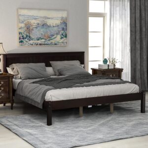 Merax Queen Size Platform Bed with Headboard,Wood Bed Frame with Slat Support No Box Spring Needed, Espresso Platform Bed