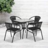 Flash Furniture 5-Piece 28" Square Indoor/Outdoor Patio Table and Chairs Set, Dining Set with Glass Metal Bistro Table, 4 Stack Rattan Chairs, Black