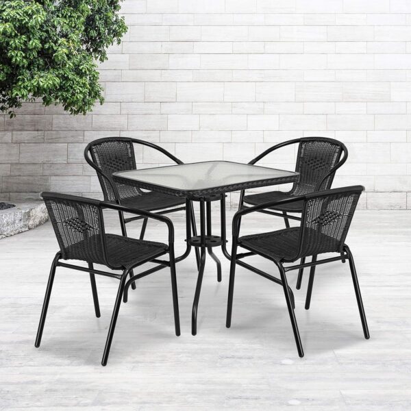 Flash Furniture 5-Piece 28" Square Indoor/Outdoor Patio Table and Chairs Set, Dining Set with Glass Metal Bistro Table, 4 Stack Rattan Chairs, Black