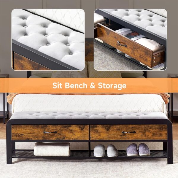 Queen Size Bed Frame with Wood Headboard and 2 Storage Drawers, Metal Platform Bed Frame Queen with Heavy Duty Metal Slats Supports, Noise-Free, No Box Spring Needed, Rustic Brown