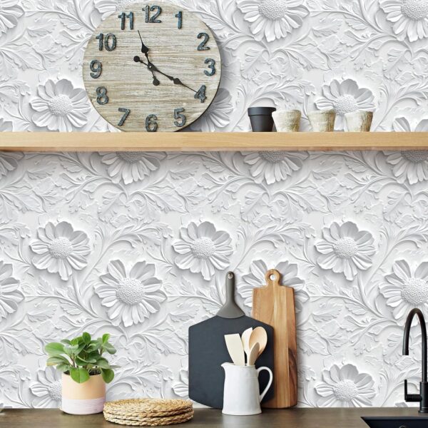White Floral Peel and Stick Wallpaper Modern Floral 3D Embossed Wallpaper Self Adhesive Removable Contact Paper Waterproof Wallpaper for Bathroom Bedroom Cabinets Decor 17inch×196.8inch Vinyl