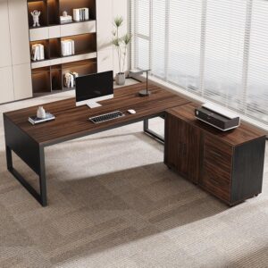 Tribesigns 63-Inch L-Shaped Desk, Modern Executive Desk with Mobile File Cabinet, Large Office Desk with Door Storage Cabinet and Drawer, Business Furniture for Home Office, Dark Walnut & Black