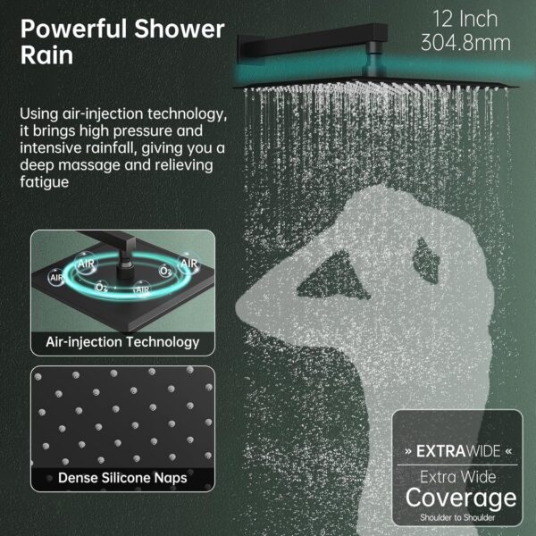 Hoimpro 12 Inch Shower Head System set Bathroom Rain Mixer Shower Head 2 In 1 Handheld Sprayer Wall Mounted, Square Rainfall Shower Faucet Fixture Combo Valve Kits Brass Showerhead, Matte Black