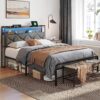 LINSY Queen Bed Frame with Storage Headboard, Upholstered Platform Frame with LED and Charging Station, Metal Queen Size Bed Frames, No Box Spring Needed, Easy Assembly, Rustic Grey