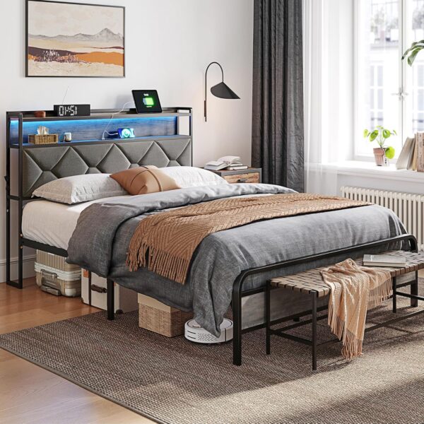 LINSY Queen Bed Frame with Storage Headboard, Upholstered Platform Frame with LED and Charging Station, Metal Queen Size Bed Frames, No Box Spring Needed, Easy Assembly, Rustic Grey