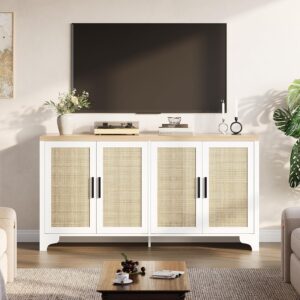 GAOMON TV Stand for TVs Up to 70'', Natural Rattan Entertainment Center with Storage Cabinets, Boho Media Console Table for Living Room, Farmhouse Cabinet, White