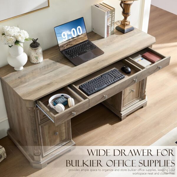 Yechen 55'' Wood Executive Desk with 7 Drawers - Farmhouse Home Office Desks with Power Outlet, Wooden Computer Desk with Roman Columns, Rustic Writing Table for Work & Study, Weathered Reclaimed Oak