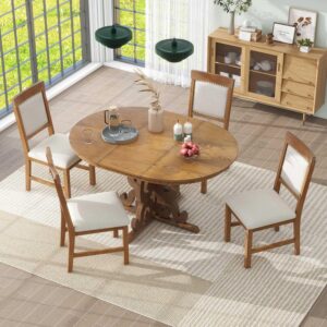 Harper & Bright Designs 5-Piece Round Dining Set, Wooden Retro Extendable Table with a 16-inch Leaf and 4 Upholstered Chairs for Dining Room and Kitchen (Walnut)