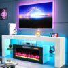 Modern Fireplace TV Stand for TVs Up to 80", 70" Entertainment Center with 36" Electric Fireplace Heater, 7 Color LED Strip and Adjustable Glass Shelves for Living Room (White) (White)
