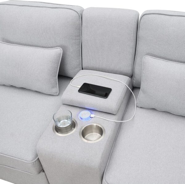 114.2" Upholstered Sofa with Storageable Coffee Table and 2 Cupholders, 2 USB Ports Wired or Wirelessly Charged, Modern Linen Fabric Couches for Living Room, Apartment (4-Seat)