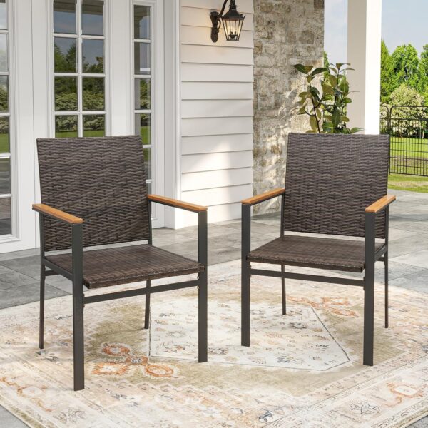 VICLLAX 5 Pieces Patio Dining Set, 4 Outdoor Wicker Dining Chairs and Square Plastic Table with Umbrella Hole for Backyard Lawn Deck, Brown Wicker and Walnut Tabletop