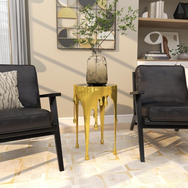 Deco 79 Aluminum Metal Abstract Melting Drip Accent Table with Melting Design and Shaded Glass Top, 16' x 16' x 25', Gold