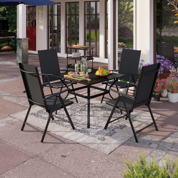 A18566c1OL._AC_SL1500_.jpg PHI VILLA 5 Pcs Patio Dining Set with Patio Table and Chairs, Outdoor Dining Set for 4 with Adjustable Patio Folding Chairs & Square Patio Dining Table with 1.57" Umbrella Hole, Black