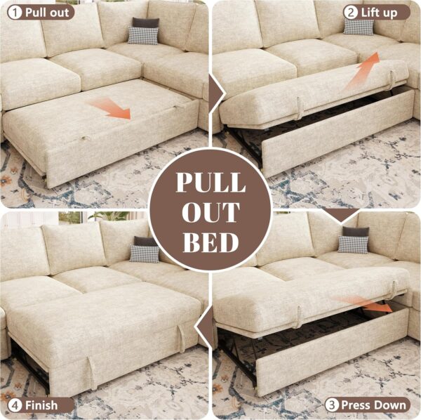 108 Inch Sectional Sleeper Sofa with Pull Out Bed, U Shaped 7 Seat Modular Sectional Sofa with Storage, Sectional Couches for Living Room, Cloud Modular Couch, Removable Sofa Cover, Beige