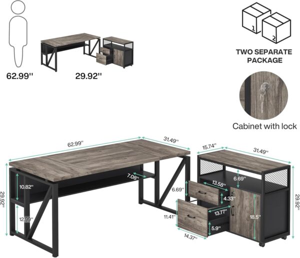 Tribesigns Office Desk with Drawers Sets, 63 inches L Shaped Executive Desk with Mobile File Cabinet for Home Office Furniture Sets (Dark Oak, 63-inch)
