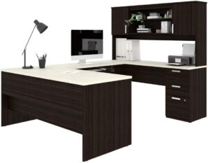 Bestar Ridgeley U-Shaped Executive Desk with Pedestal and Hutch, 65W, in White Chocolate | Multipurpose U Table Workstation for Home Office
