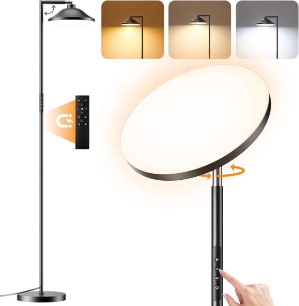 36W Bright Floor Lamps for Living Room, 2 in 1 LED Torchiere Floor Lamps, Standing Lamp for Bedroom, Tall Floor Lamp for Office, Black Modern Reading Lamp