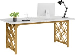 Tribesigns 63-inch Executive Desk, Modern Office Desk with Strong Metal Frame, Large Computer Writing Desk Business Furniture for Home Office (White Marble and Gold)