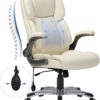 COLAMY High Back Executive Office Chair- Ergonomic Home Computer Desk Leather Chair with Padded Flip-up Arms, Adjustable Tilt Lock, Swivel Rolling Chair for Adult Working Study-Ivory