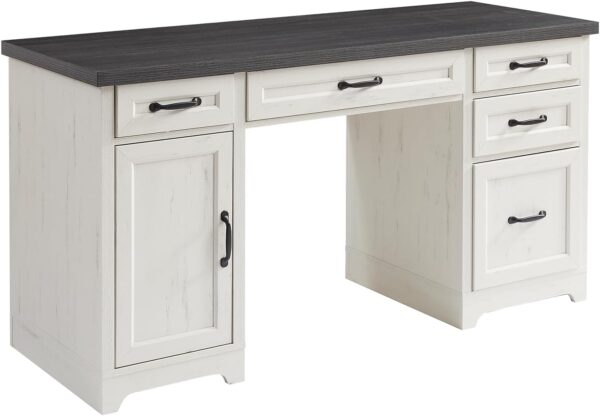 58" Farmhouse Executive Desk with Drawers, Rustic Computer Writing Desk, Wood Home Office Desk Station, Keyboard Tray, File Drawer, Storage Cabinet (Black)