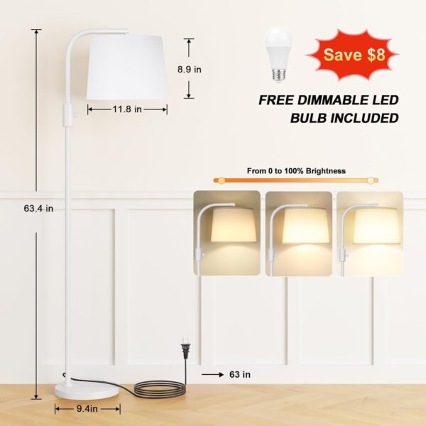 Ambimall Fully Dimmable Floor Lamp - Floor Lamps 9W LED Light Bulbs, Standing Lamps for Living Room with Adjust Head, Modern Standing Light Rotary Switch, Tall Lamp for Bedroom(White and White)