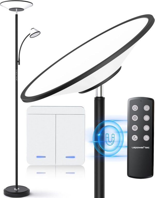 Bright Floor Lamp, Standing Lamp with Remote & Wall Switch, 60 Lighting Effects, Adjustable Torchiere Corner Light for Living Room, Bedroom, Office. Perfect for Reading & Ambiance