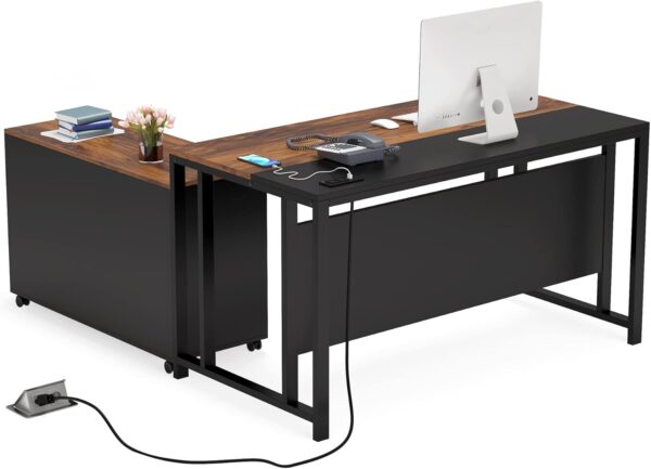 Tribesigns L-Shaped Computer Desk with Power Outlet and Drawer Cabinet, 55 inch Large Executive Office Desk Business Furniture with 40 inch Lateral File Cabinet Printer Stand for Home Office,Brown