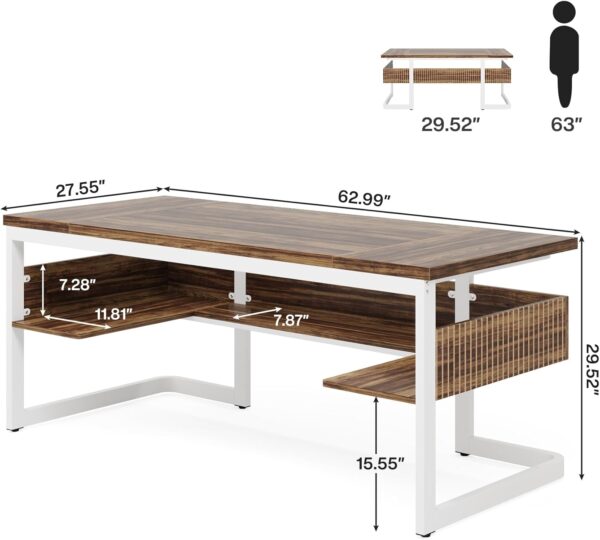 Tribesigns 63" Executive Desk with Bottom Shelves, Large Office Computer Desk, Modern Simple Workstation Business Furniture for Home Office (Walnut & White)
