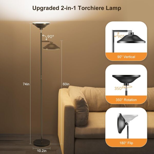 36W Bright Floor Lamps for Living Room, 2 in 1 LED Torchiere Floor Lamps, Standing Lamp for Bedroom, Tall Floor Lamp for Office, Black Modern Reading Lamp
