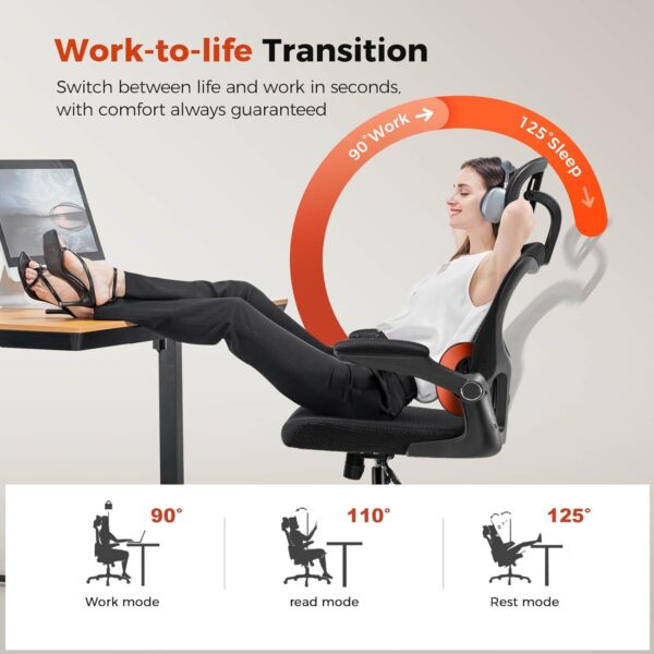 COMHOMA Ergonomic Office Desk Chair with 3D Adjustable Lumbar Support & Headrest, High Back Executive Computer Chair Comfy for Back Pain Relief, Flip-up Armrests (Black)