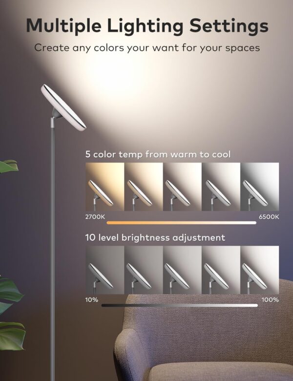 Bright Floor Lamp,42W 3700LM LED Torchiere Floor Lamps for Living Room, 71in. Modern Tall Standing Light with Remote,Color & Brightness Dimmable Sky Light,1/2/3H Timer for Bedroom,Office(Gray)