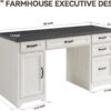 58" Farmhouse Executive Desk with Drawers, Rustic Computer Writing Desk, Wood Home Office Desk Station, Keyboard Tray, File Drawer, Storage Cabinet (Black)