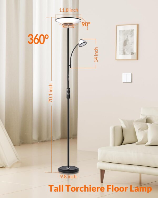 Bright Floor Lamp, Standing Lamp with Remote & Wall Switch, 60 Lighting Effects, Adjustable Torchiere Corner Light for Living Room, Bedroom, Office. Perfect for Reading & Ambiance